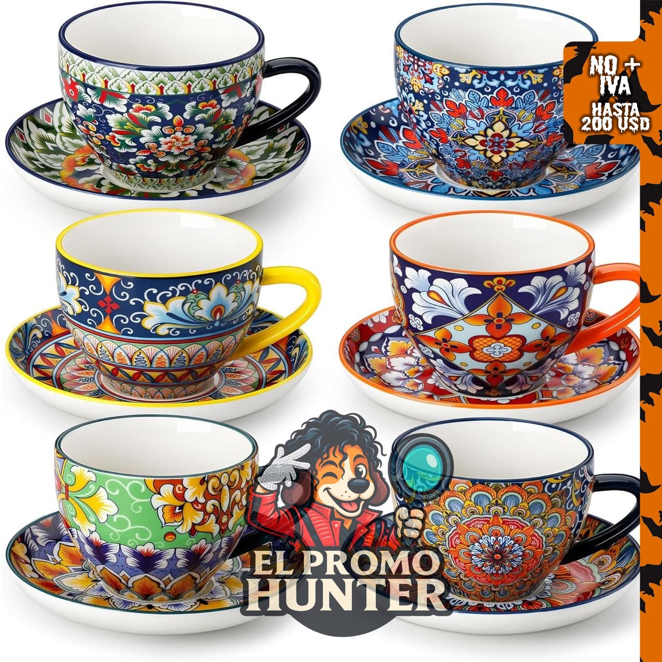 Juego de 6 tazas de capuchino de 8 oz con platillos.