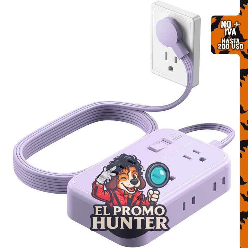 Cable de extensión morado con 6 tomas y 4 puertos USB (20 W), 5 pies de largo.