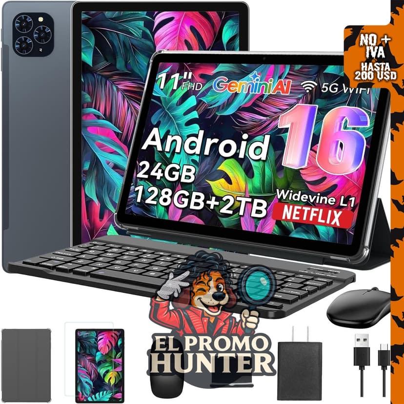 Tablet de 11 pulgadas Android con teclado Gemini AI 3.5, 24GB de RAM y 128GB de almacenamiento.