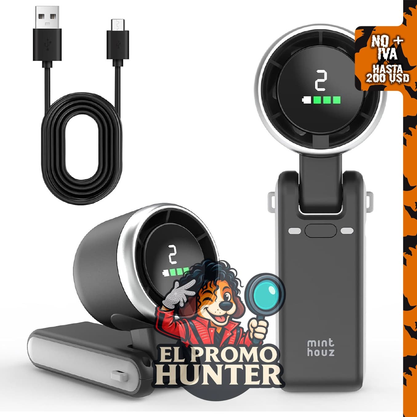 Ventilador de mano compacto portátil, 3600 mAh, batería recargable USB, 5 velocidades, plegable.