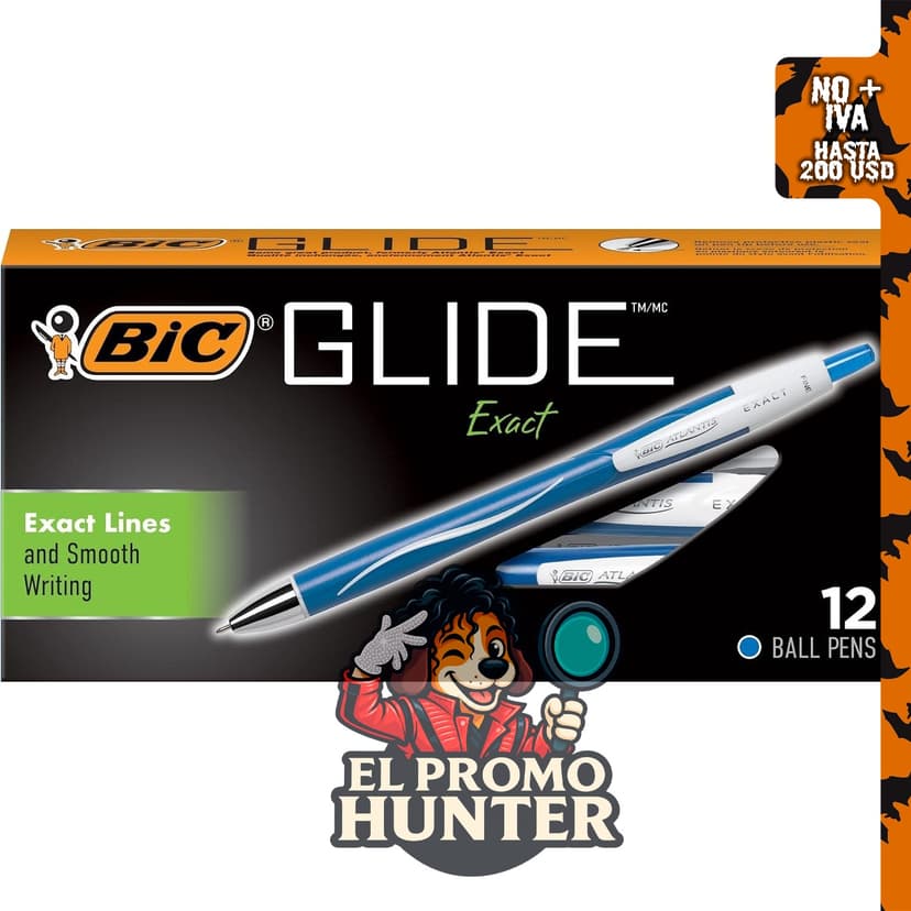 Bolígrafos retráctiles BIC Glide Exact azules de punta fina (0.7 mm), paquete de 12 unidades.