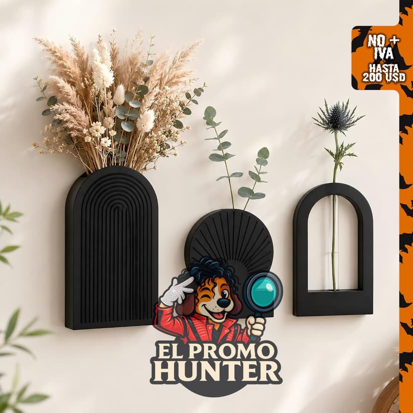 Juego de 3 jarrones de pared de madera negra.