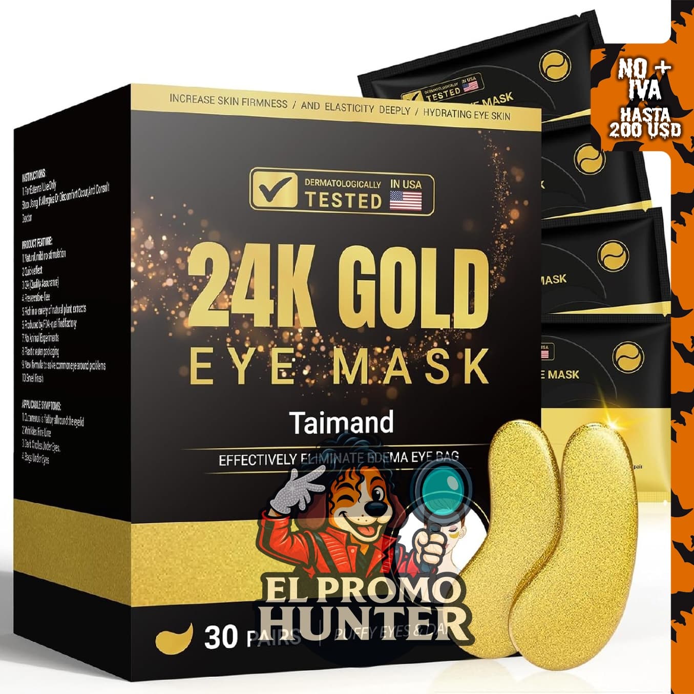 Taimand Parches para debajo de los ojos, mascarilla de oro de 24 quilates, 30 pares.