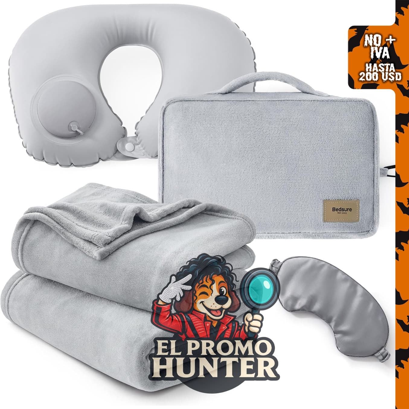 Bedsure Juego de manta de viaje con almohada inflable para el cuello.