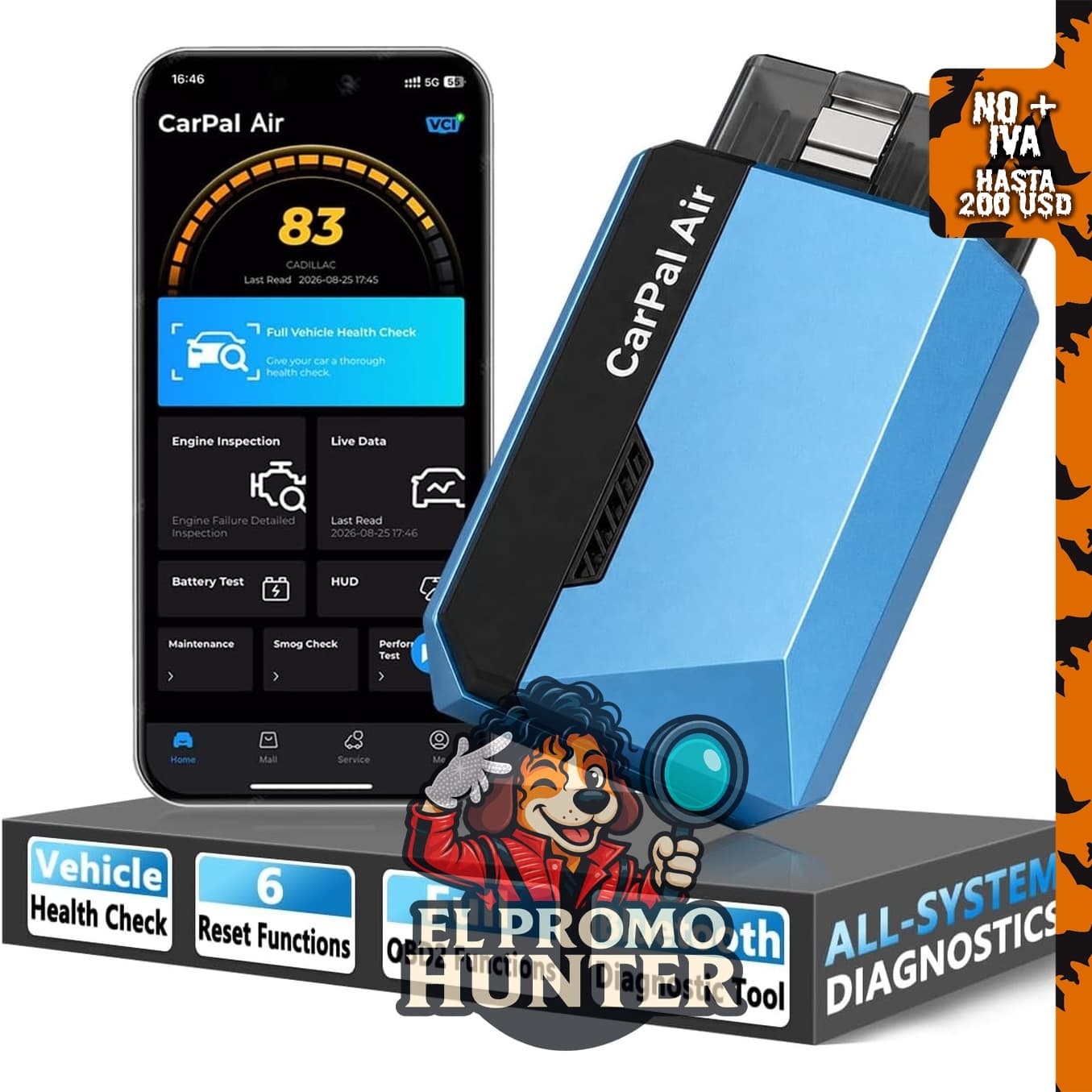 Escáner OBD2 Bluetooth con AI, diagnóstico de todos los sistemas y 6 funciones de reinicio.
