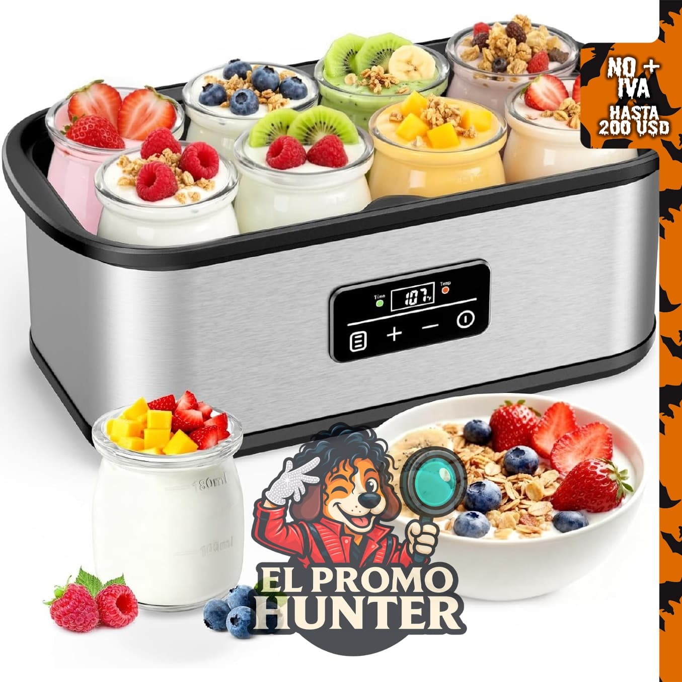Máquina para hacer yogur con control de tiempo y temperatura, incluye 8 frascos de vidrio de 177 ml.