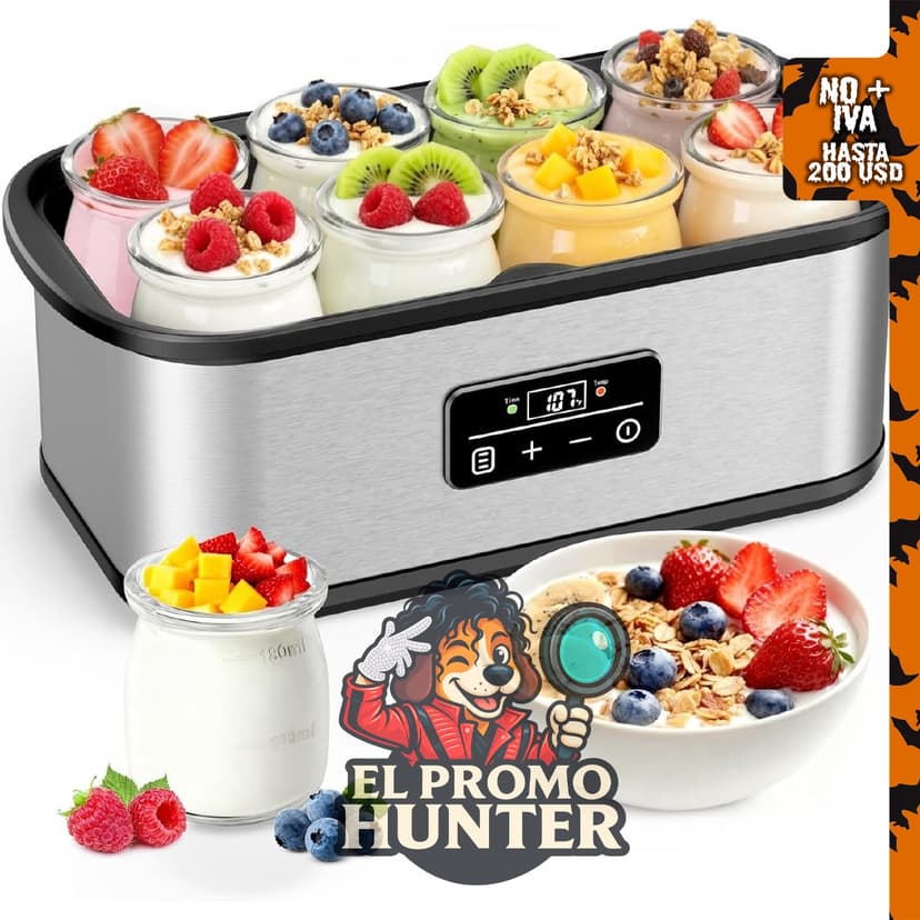 Máquina para hacer yogur con control de tiempo y temperatura, incluye 8 frascos de vidrio de 177 ml.