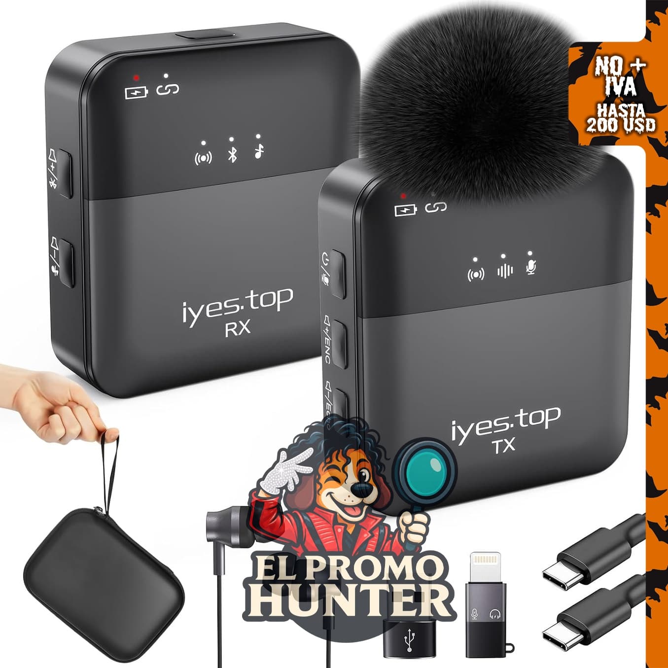Micrófono Lavalier inalámbrico iyes.top para iPhone y Android, con monitoreo en tiempo real y cancelación de ruido.
