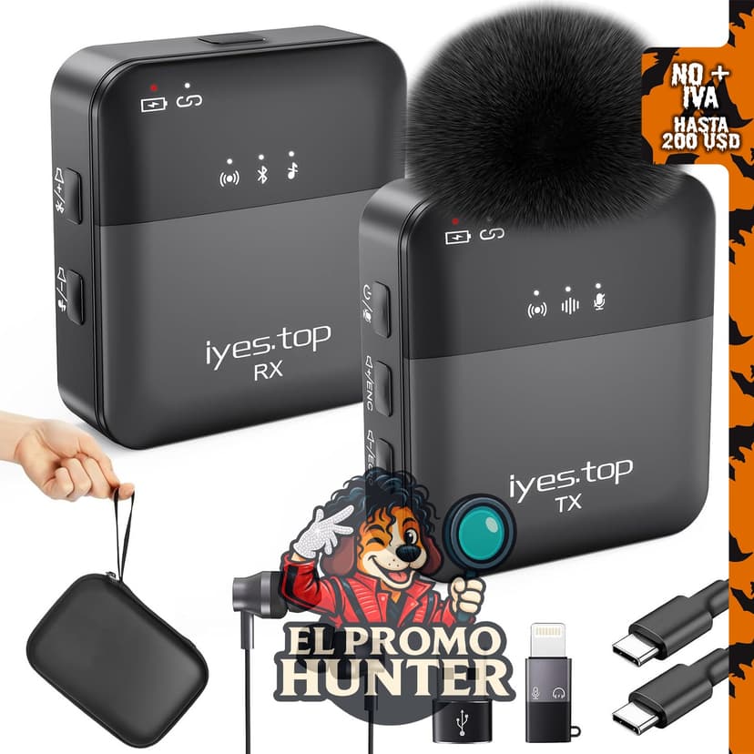 Micrófono Lavalier inalámbrico iyes.top para iPhone y Android, con monitoreo en tiempo real y cancelación de ruido.