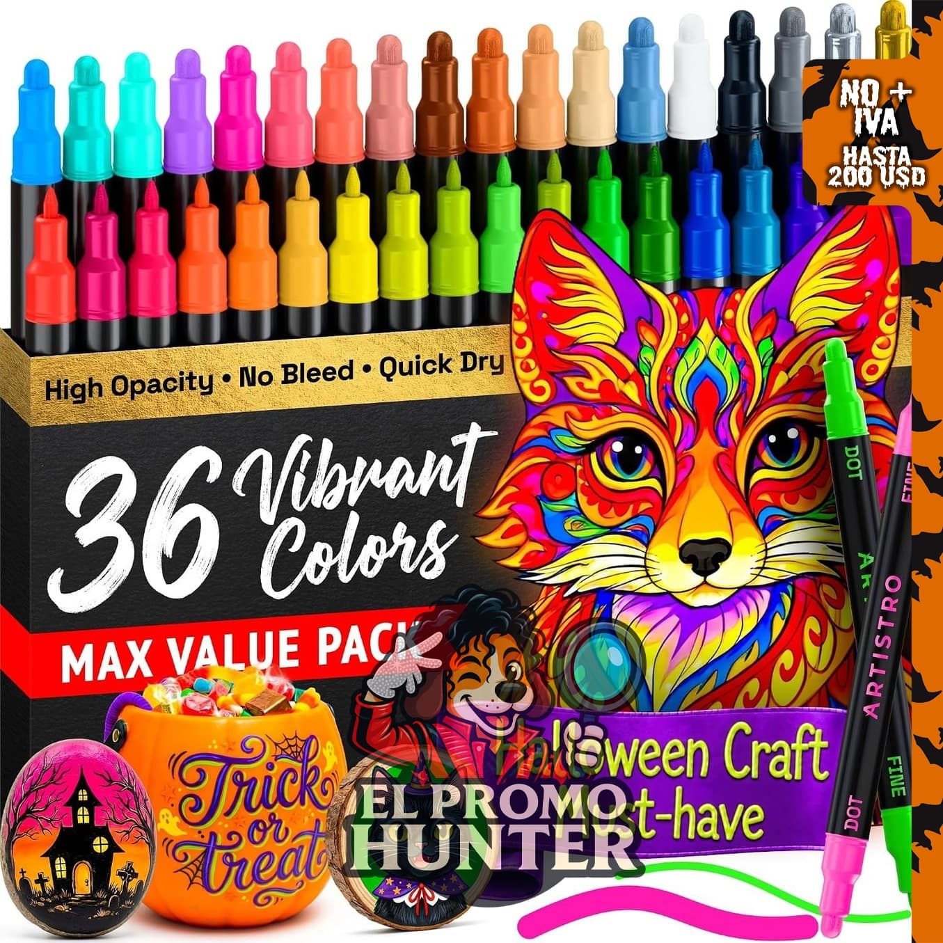 ARTISTRO 36 rotuladores de pintura acrílica multicolor de doble punta.