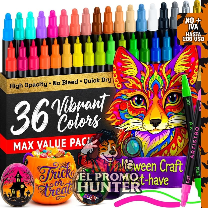 ARTISTRO 36 rotuladores de pintura acrílica multicolor de doble punta.