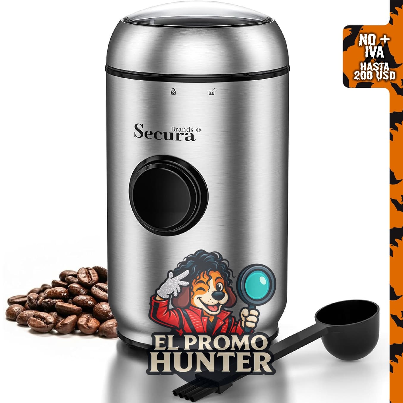 Secura Brands Molinillo de café eléctrico silencioso de acero inoxidable, control de pulso de un solo toque.