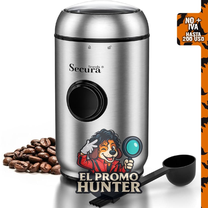 Secura Brands Molinillo de café eléctrico silencioso de acero inoxidable, control de pulso de un solo toque.