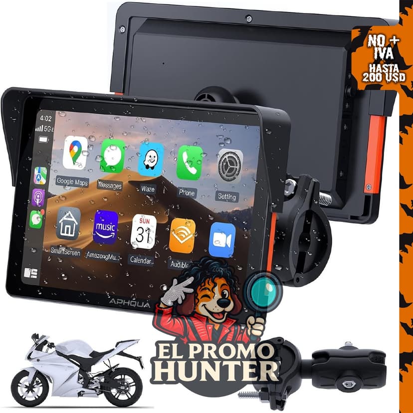 Pantalla de 7" para motocicleta con CarPlay y Android Auto, navegación GPS y Bluetooth dual.