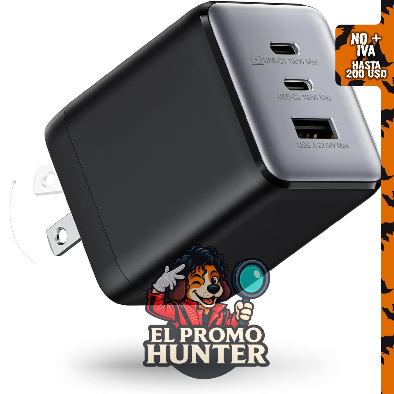 Cargador USB C de 100 W, cargador de pared con 3 puertos de carga.