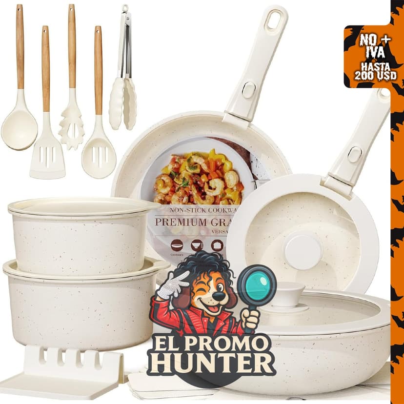 Astercook Juego de 21 ollas y sartenes antiadherentes de cerámica, apto para inducción y horno.