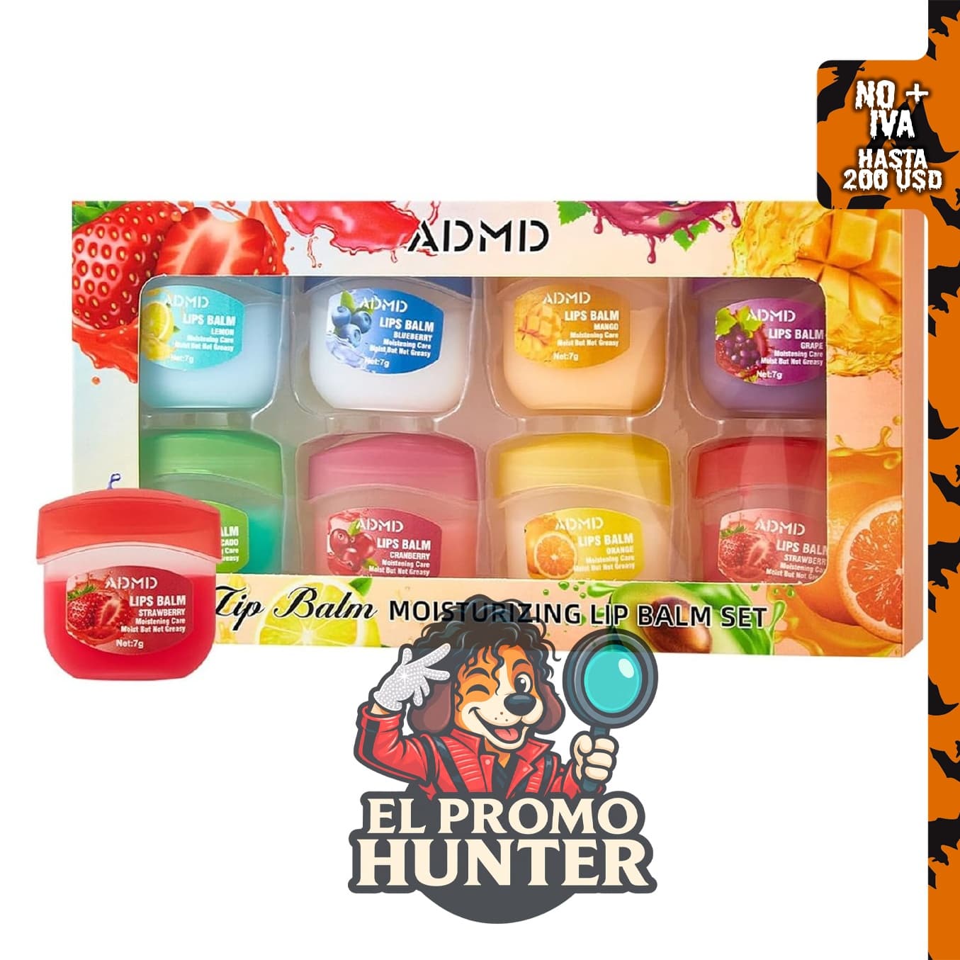 Juego de 8 bálsamos labiales ADMD con sabor a fruta, incluye mascarilla labial para hidratación diaria y nocturna.