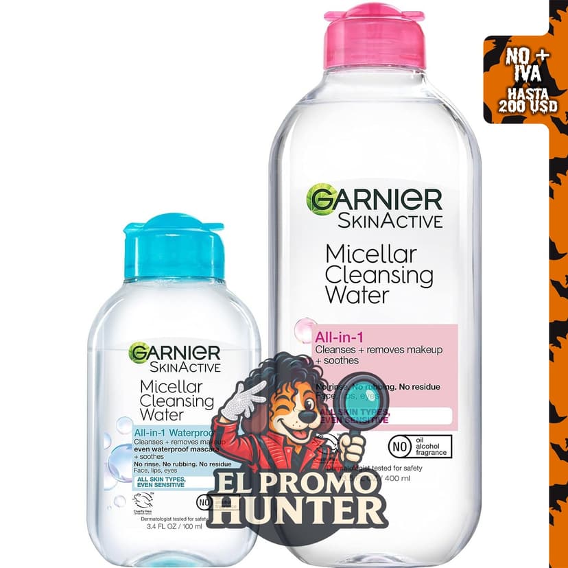 Agua limpiadora micelar Garnier, 13.5 fl oz (400 ml) + 3.4 fl oz (100 ml) para maquillaje resistente al agua.