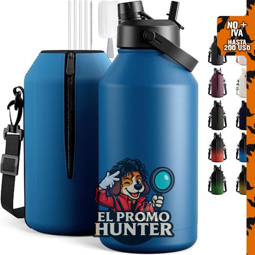 POWCAN Botella de agua aislada de 64 oz (1.89 L) con tapa de boquilla de popote 2 en 1, a prueba de fugas.