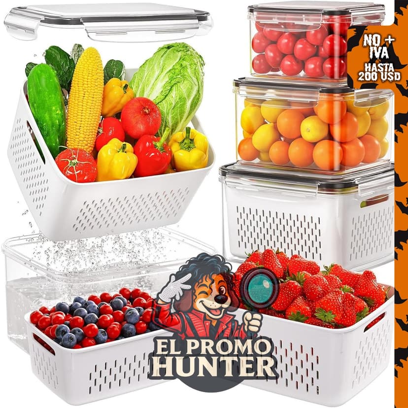 Contenedores de almacenamiento de frutas para refrigerador, 4 piezas con colador removible.