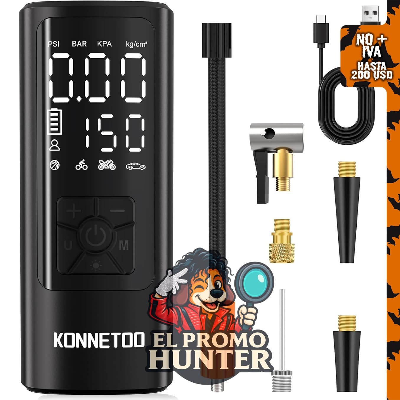 KONNETOO Compresor de aire portátil para neumáticos de automóvil, incluye medidor de presión y función de inflado automático.