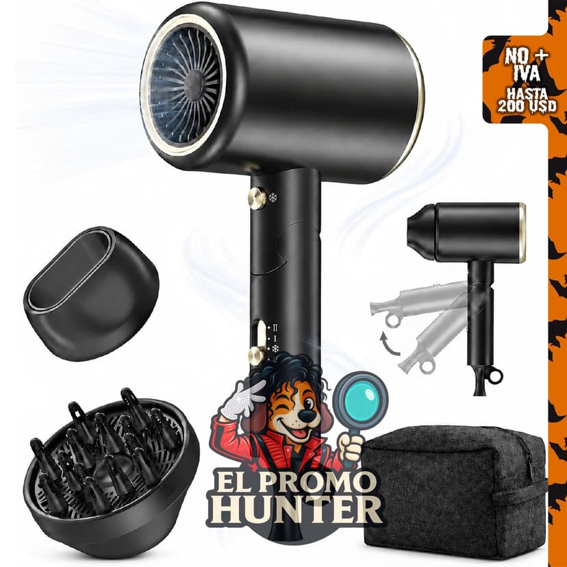 Secador de pelo iónico Kaelix de 150,000 RPM con difusor, color negro.
