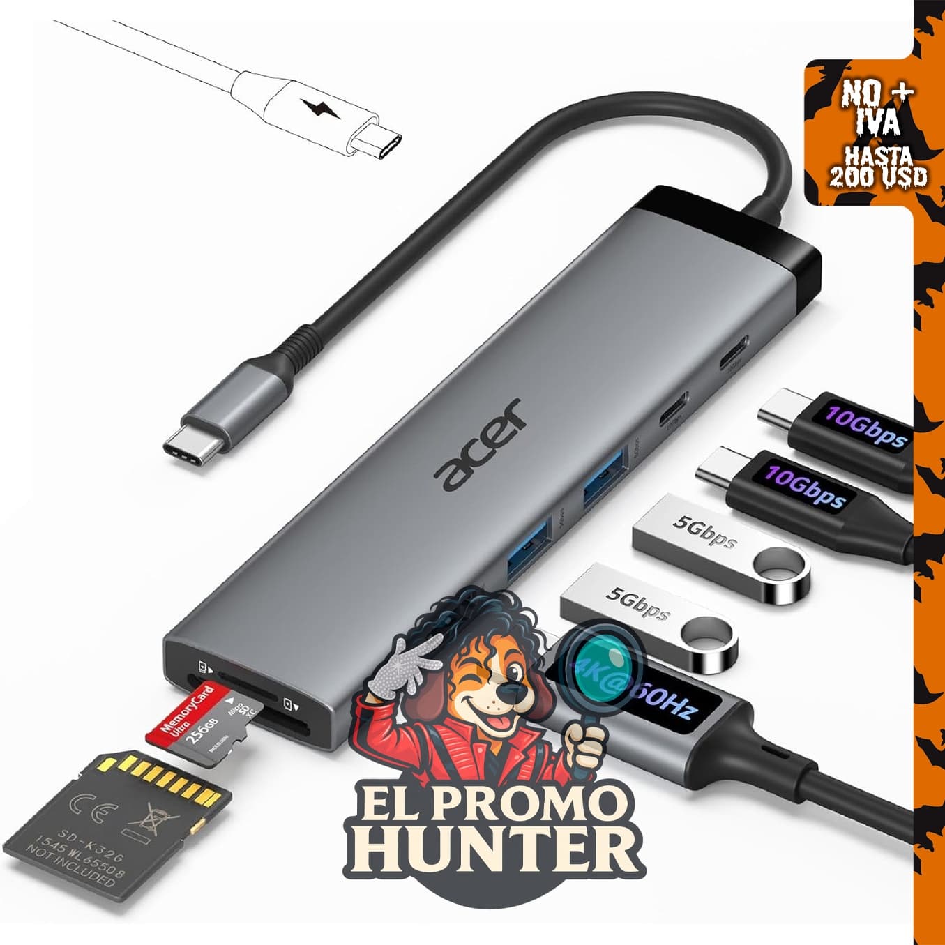 Acer 8 en 1 Hub USB C 10Gbps, adaptador USBC a HDMI 4K@60Hz para laptop/Mac.