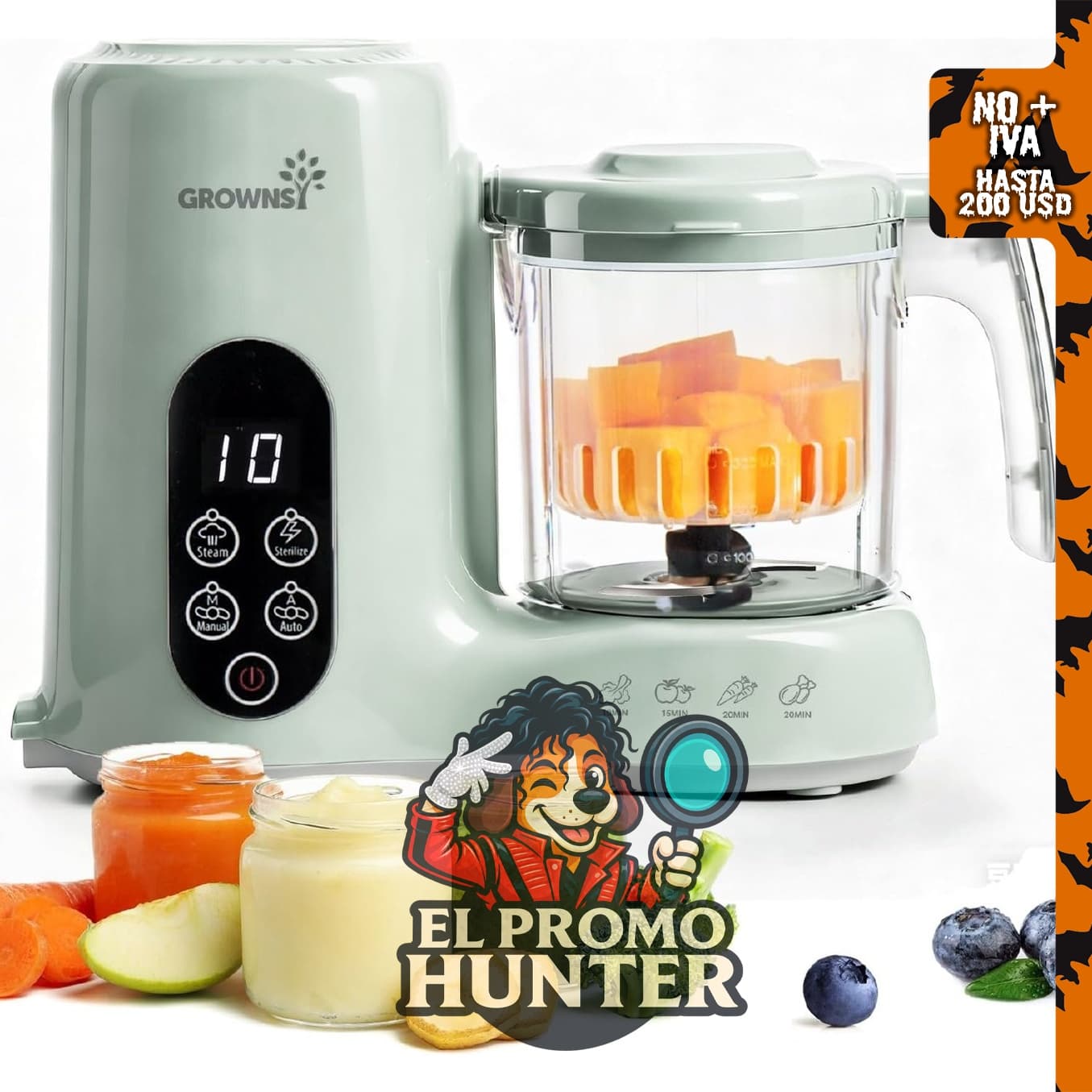 Grownsy Baby Food Maker, procesador de alimentos para bebés, vaporera y licuadora en color verde.