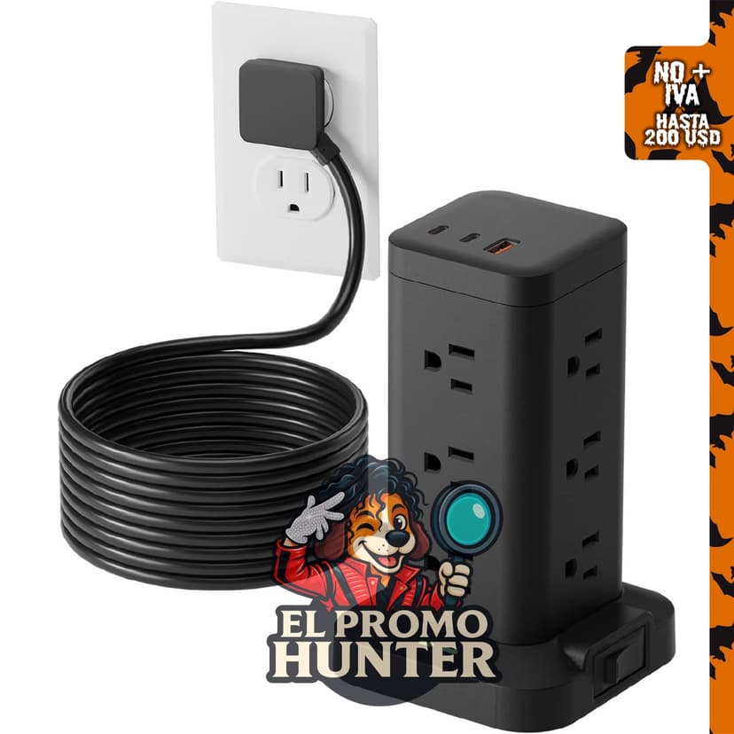 Regleta de alimentación GOXONTYE 12AC con 3 puertos USB y protector contra sobretensiones, cable de 6 pies.