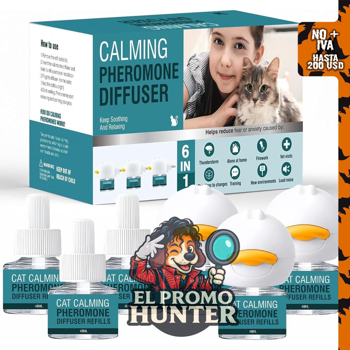Difusor calmante para gatos, 6 en 1, kit de recambio de 1.6 fl oz (47 ml) para aliviar el estrés y la ansiedad.