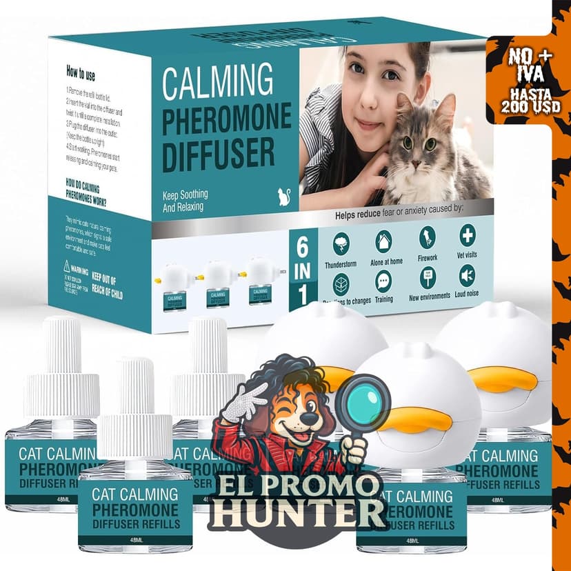 Difusor calmante para gatos, 6 en 1, kit de recambio de 1.6 fl oz (47 ml) para aliviar el estrés y la ansiedad.