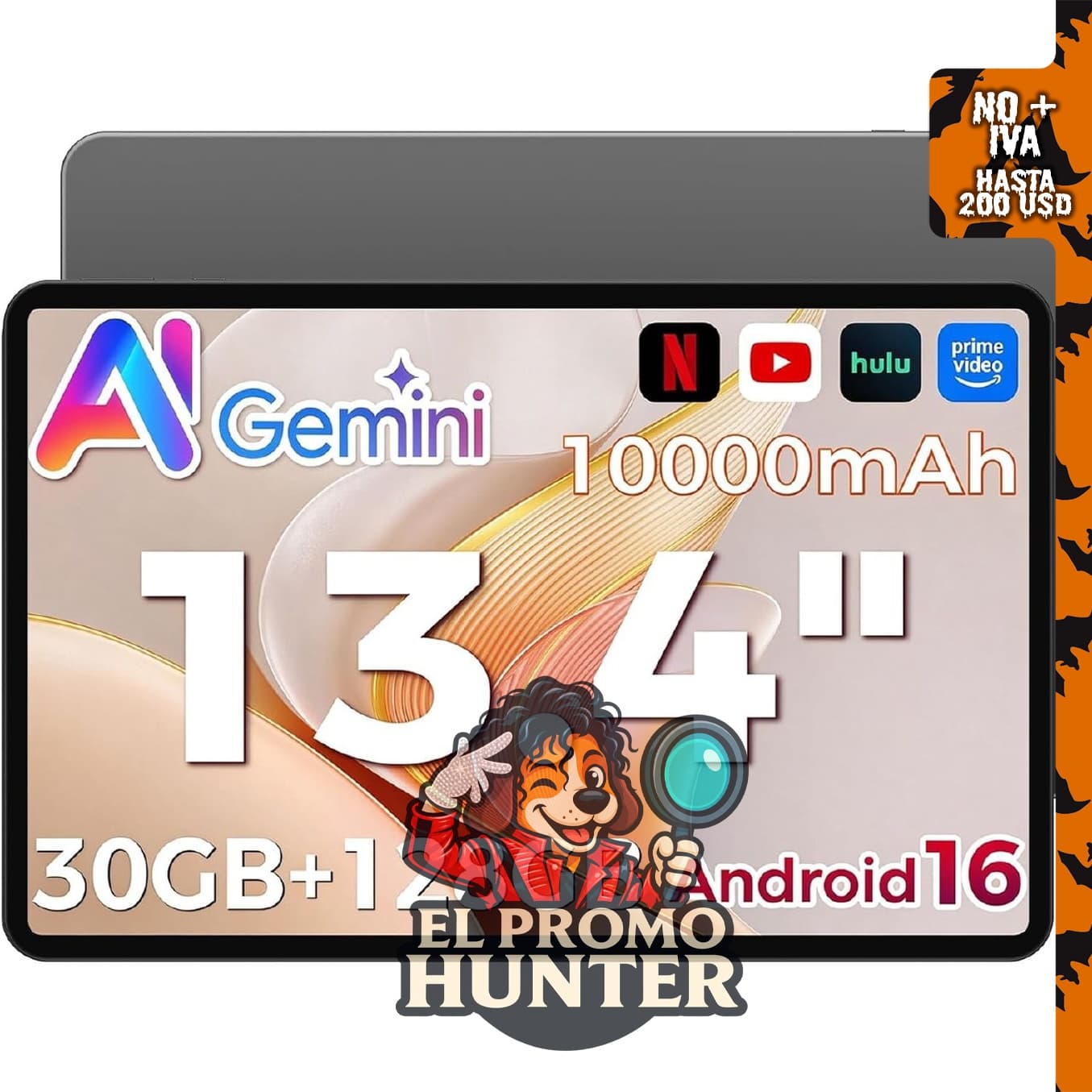 AF13Air Tableta Android 16 de 13.4" (34 cm), 10000 mAh, 30 GB RAM, 128 GB almacenamiento.