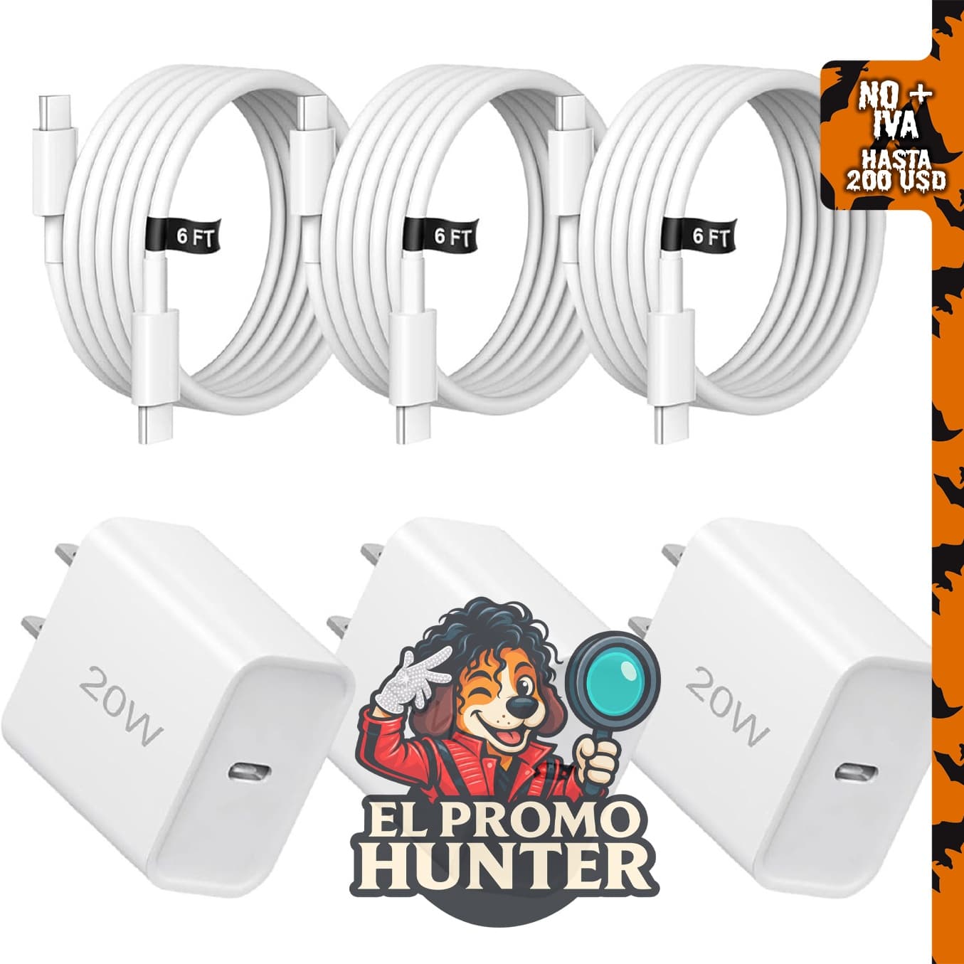 Cargador rápido REKNA de 20 W, paquete de 3 con puerto USB-C y cable.