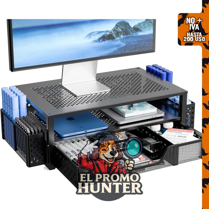 Soporte para monitor con cajón y soporte para laptop de 2 niveles, color negro.