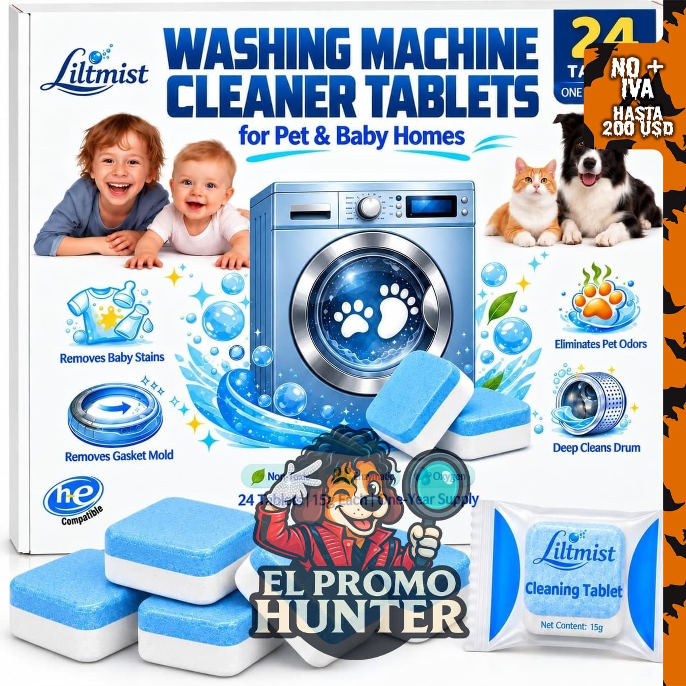 Tabletas limpiadoras de lavadora Liltmist para hogares de mascotas y bebés.