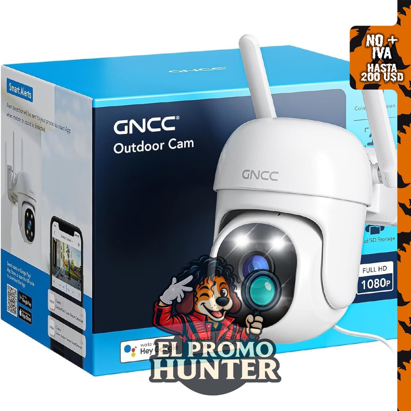 GNCC Cámara de seguridad para exteriores con función Pan/Tilt y grabación continua 24/7.