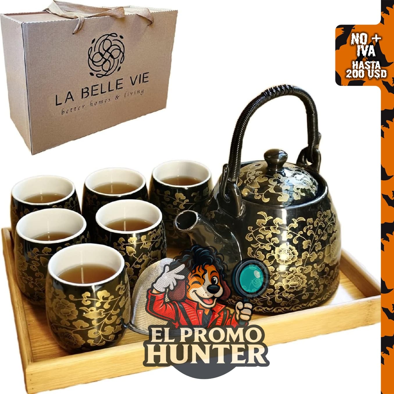 La Belle Vie - Juego de té de porcelana negra, 6 tazas con infusor.