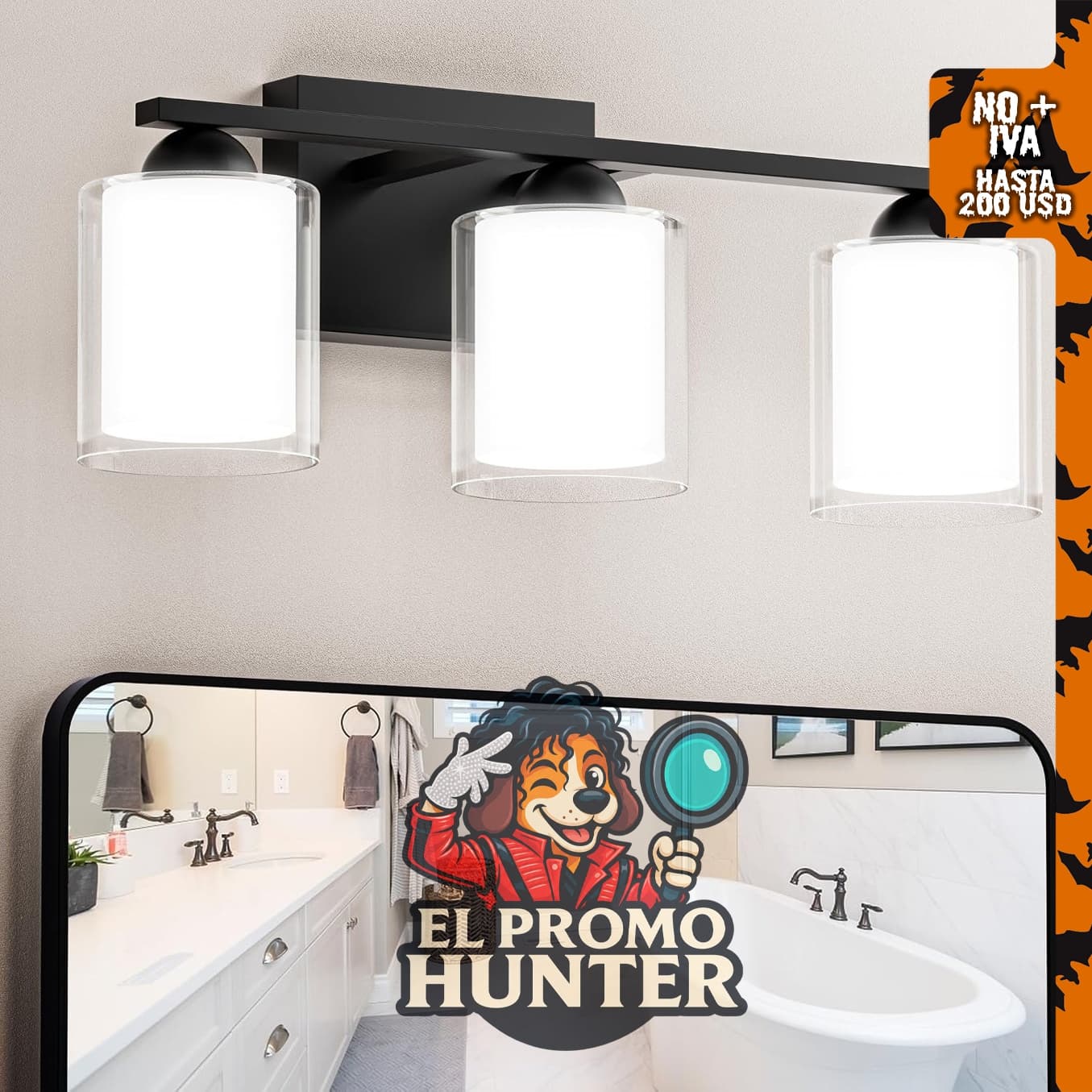 Quntis iluminación de baño negra con 5 modos de color y 3 luces LED regulables.