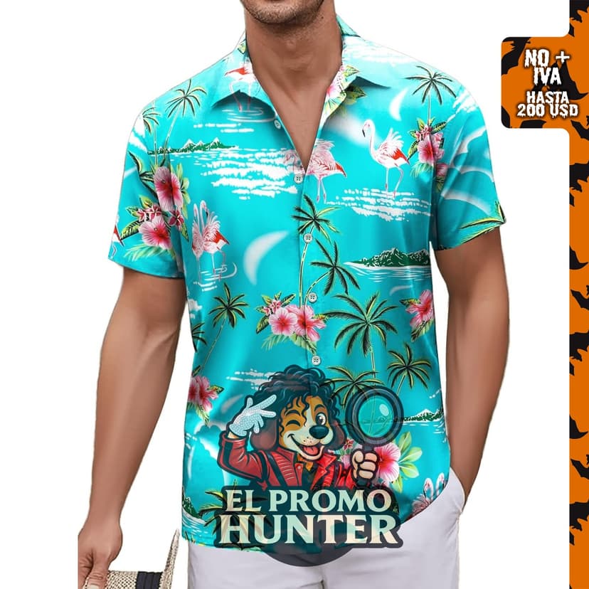 Camisa hawaiana Simmashah para hombre, manga corta, con botones y diseño de flamencos.