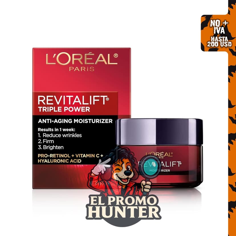 L'Oreal Paris Revitalift Triple Power Crema Hidratante Facial, 1.7 oz (50 ml) con Pro Retinol, Ácido Hialurónico y Vitamina C.