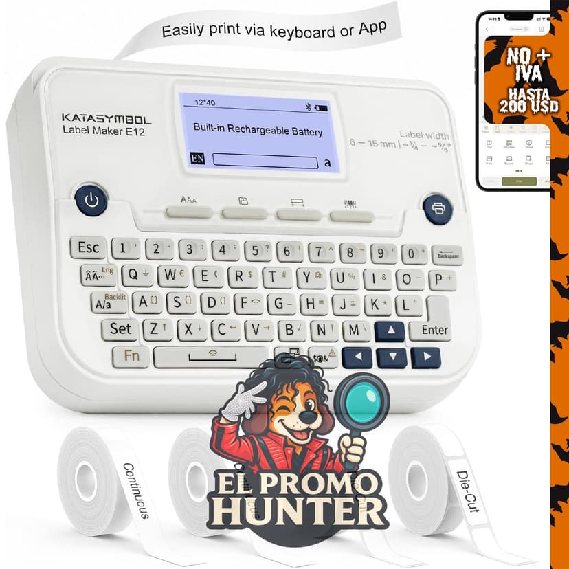 SUPVAN Máquina etiquetadora E12 con teclado y Bluetooth, incluye 4 cintas.