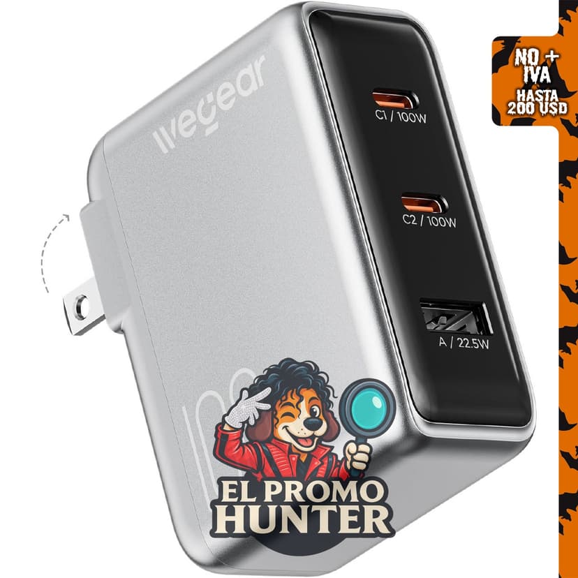 Cargador USB C de 100W GaN, diseño plegable y delgado.