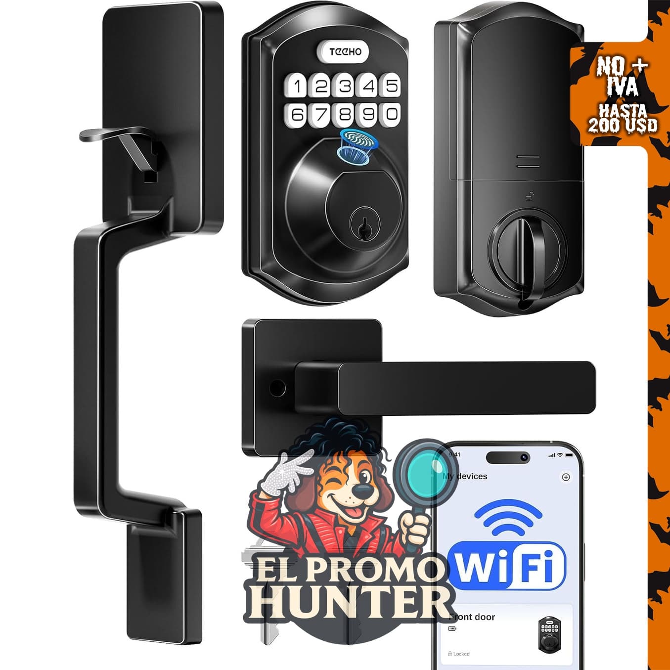 Cerradura de puerta TEEHO TE012W-H con huellas dactilares y conectividad WiFi, color negro mate.