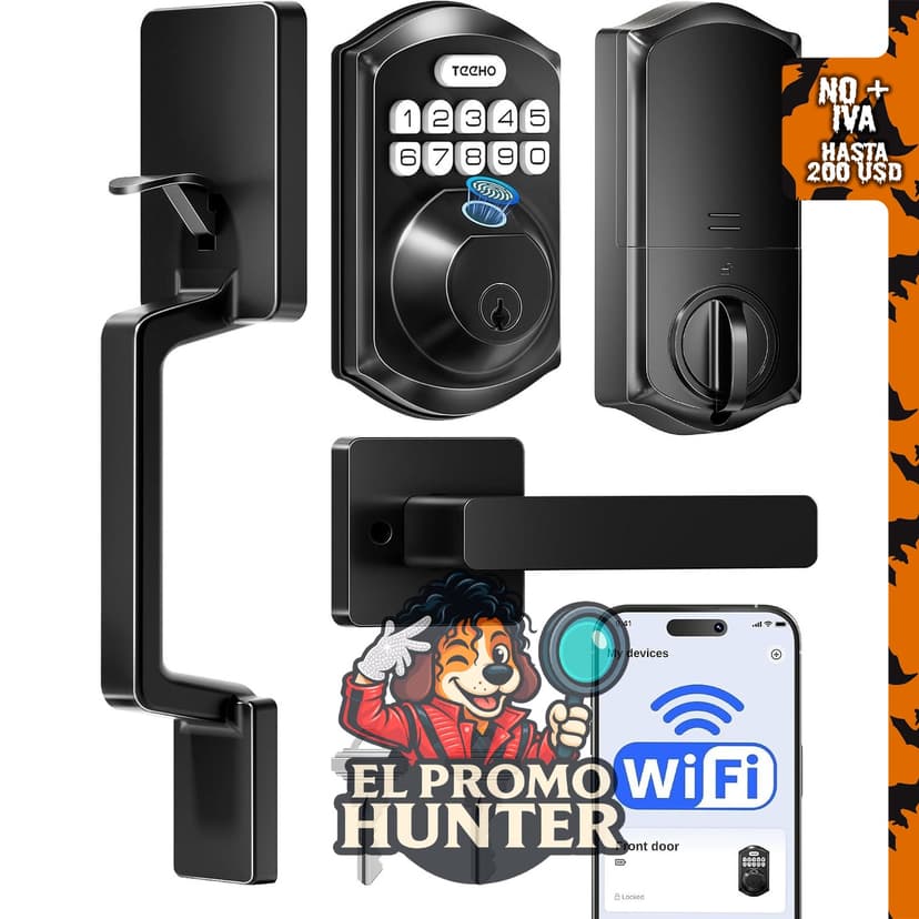 Cerradura de puerta TEEHO TE012W-H con huellas dactilares y conectividad WiFi, color negro mate.