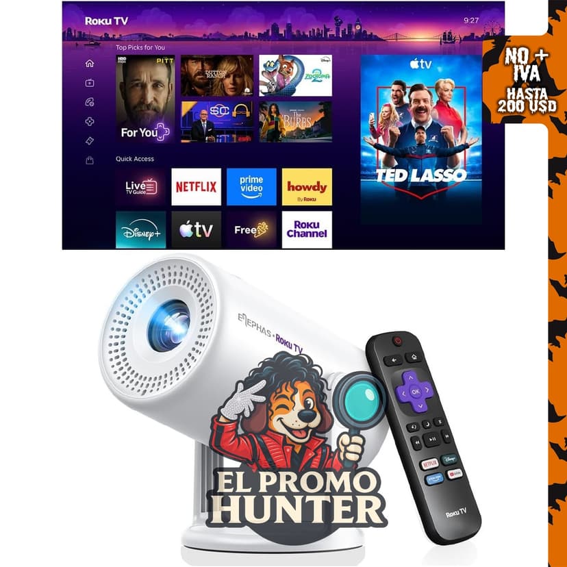 ELEPHAS Proyector inteligente Roku TV, mini portátil con WiFi y Bluetooth.