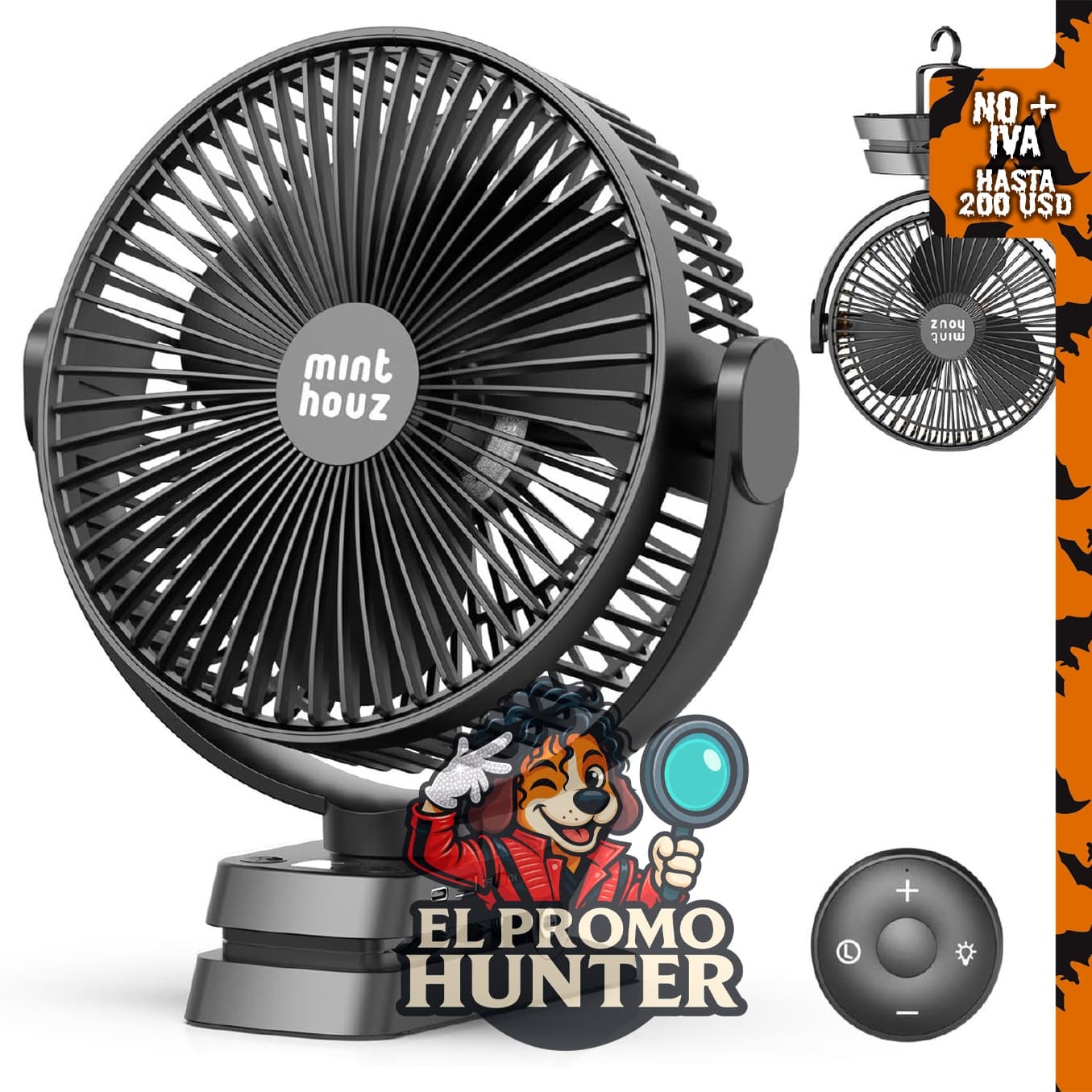 Ventilador portátil Minthouz de 8'' recargable, 12000mAh, USB.
