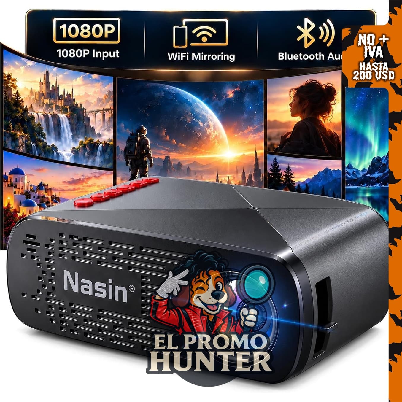 Proyector portátil Nasin con WiFi y Bluetooth, entrada 1080P.