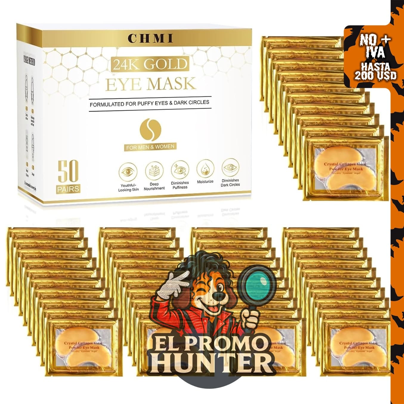CHMI Parches de oro de 24 quilates para debajo de los ojos, 50 pares.