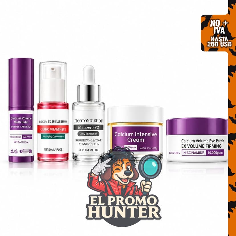 Set de rutina para el cuidado de la piel, incluye limpiador, sueros, bálsamo, parches para los ojos e hidratante.