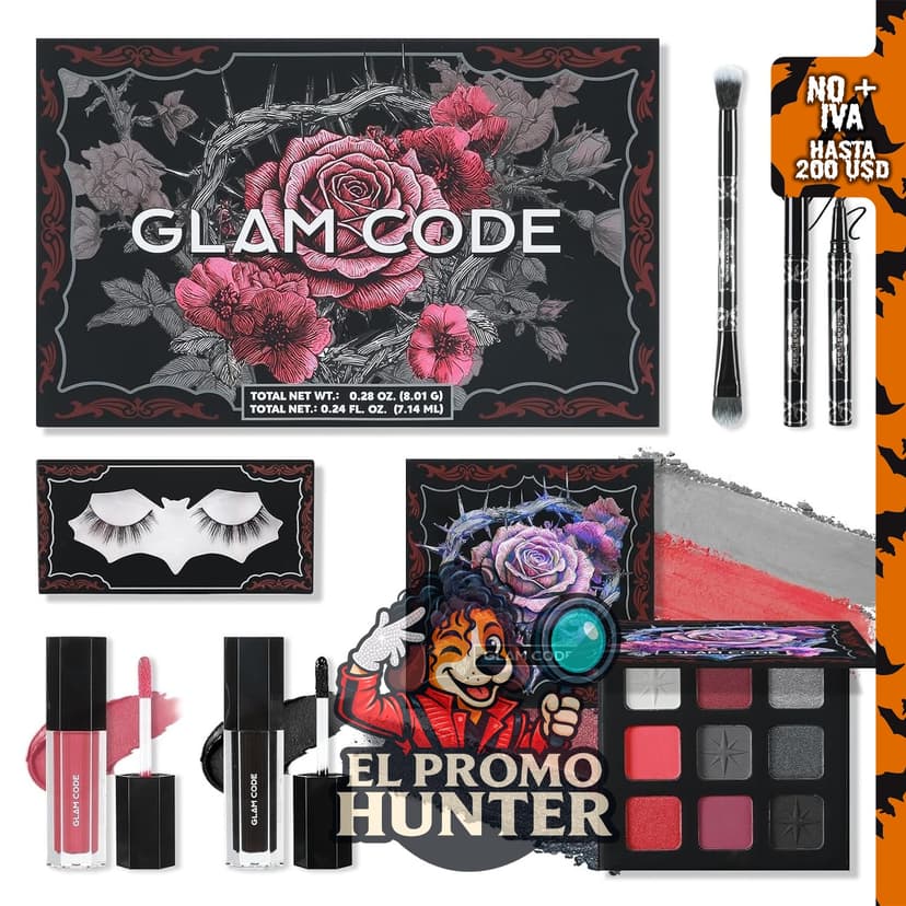Glam Code Set de maquillaje con sombra de ojos roja y brillo de labios.